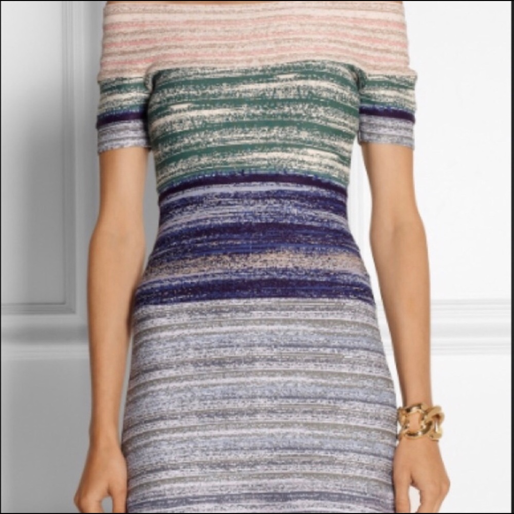 HERVE LEGER | Liza Dress XS | Blue, Green, Beige